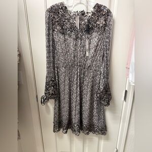 Elie Tahari Gray Lace Long-Sleeve Midi Dress